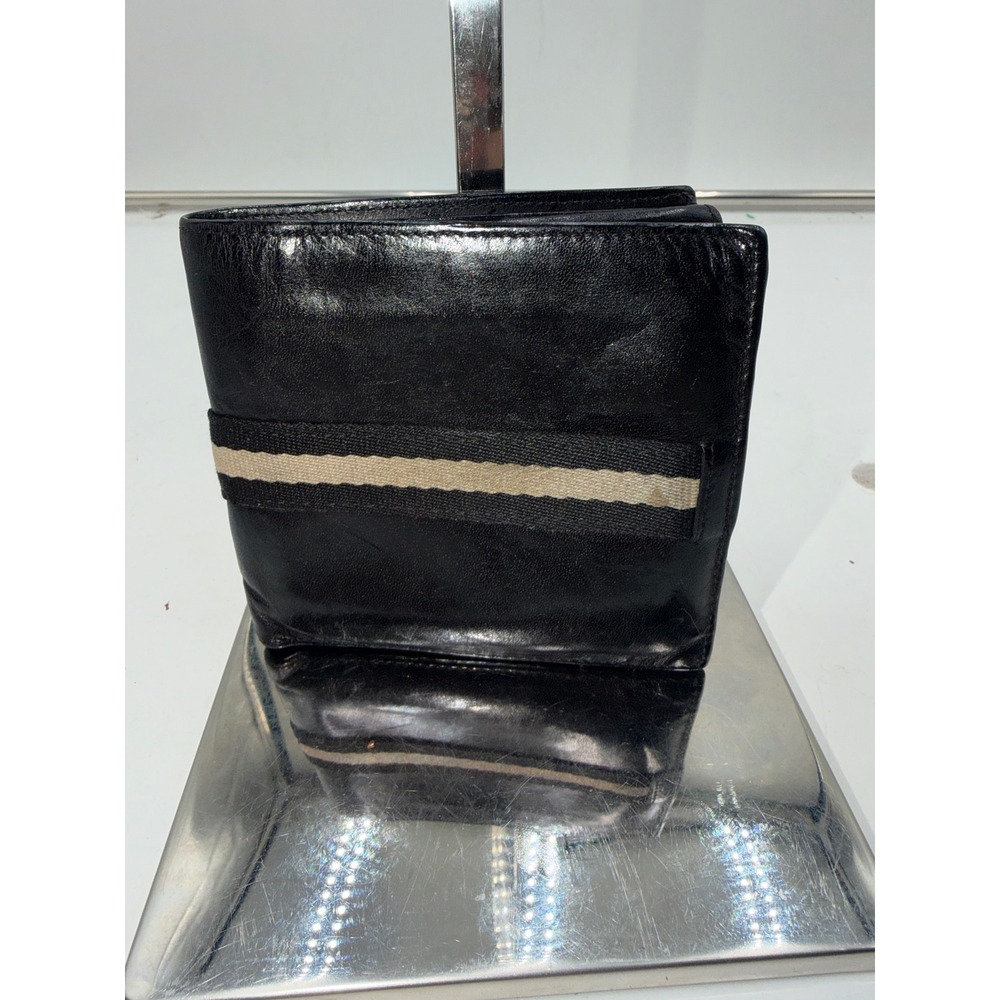 Bally Trainspotting Black Leather Bifold Wallet Tan Stripe Coin Pocket